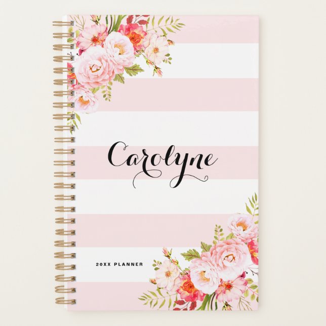 Feminine Pink Stripes Floral Personalized Planner (Front)
