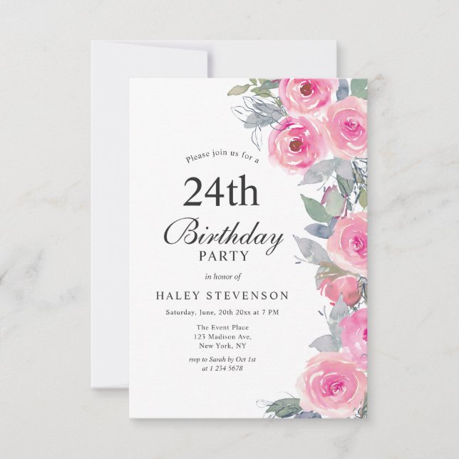Feminine Pink Watercolor Floral Chic 24th Birthday Invitation (Front)