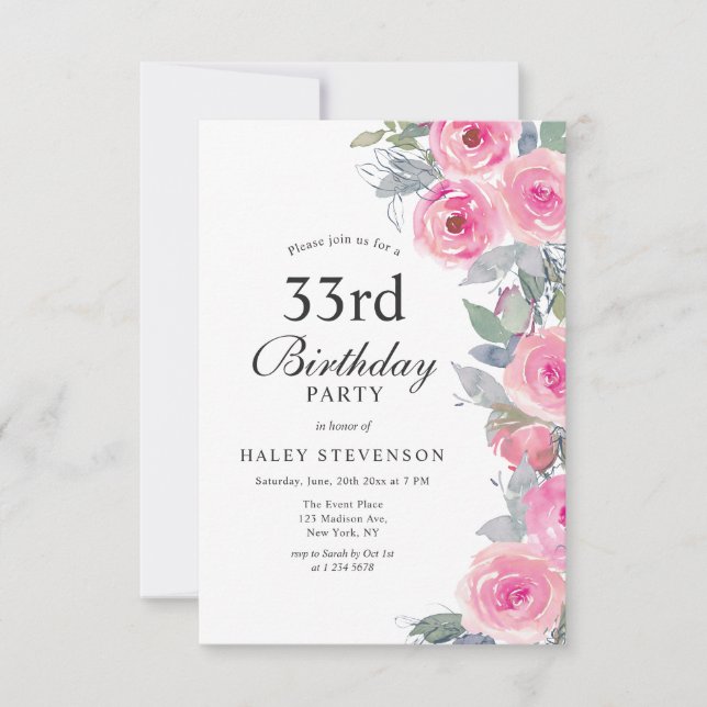 Feminine Pink Watercolor Floral Chic 33rd Birthday Invitation (Front)