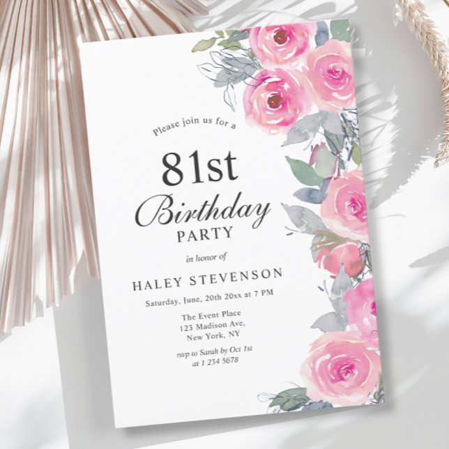 Feminine Pink Watercolor Floral Chic 81st Birthday Invitation (Creator Uploaded)