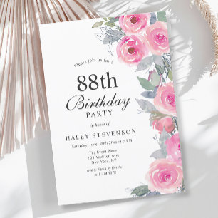 Feminine Pink Watercolor Floral Chic 88th Birthday Invitation