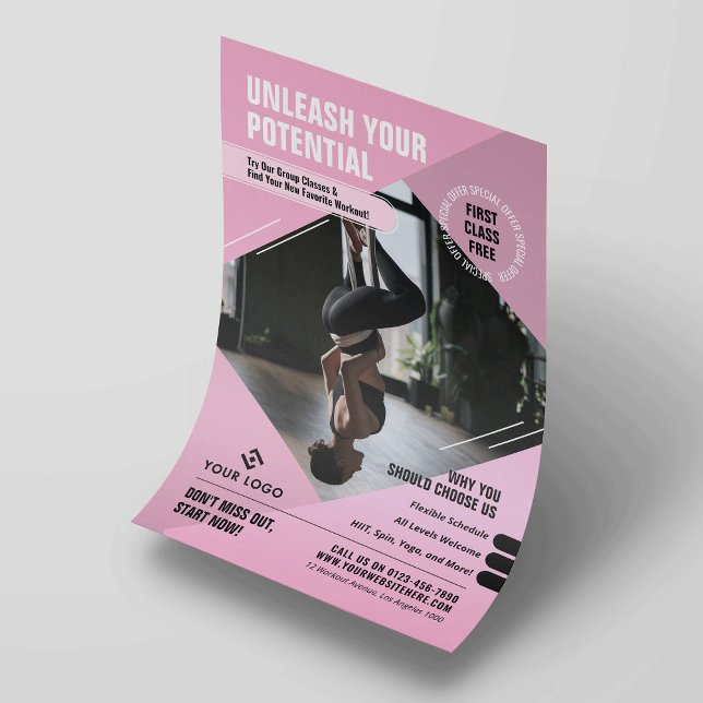 Feminine Pink Yoga Studio Trainer Marketing Photo Flyer (Trendy blush pink and black fitness flyer design with custom text, logo and photo)