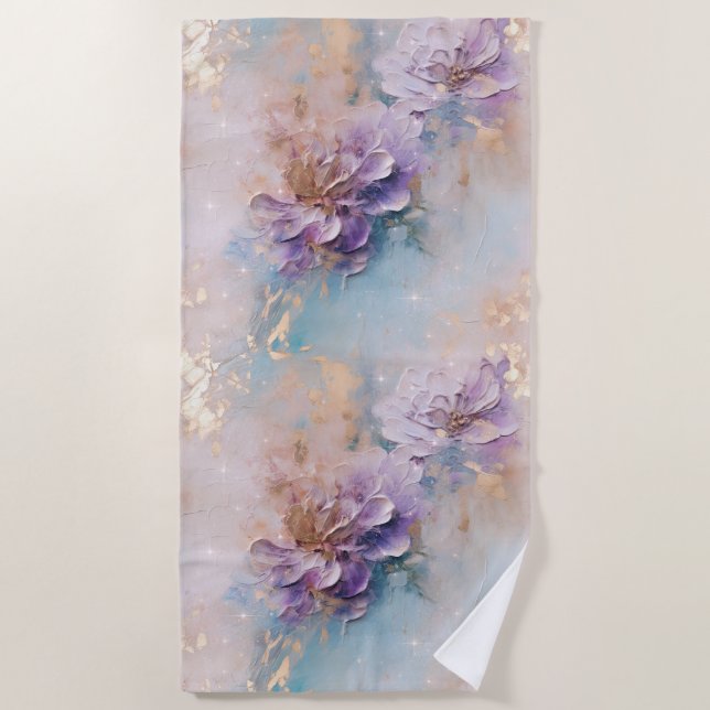 Feminine Purple Blue and Gold Floral Beach Towel (Front)