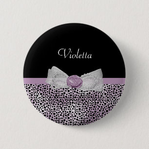 Feminine Purple Cheetah Print Girly Bow and Name 2 Inch Round Button