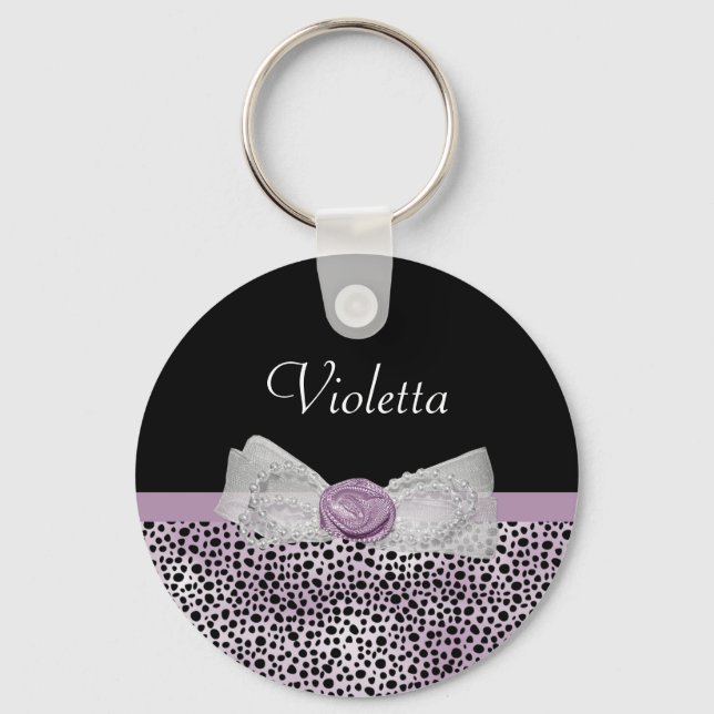 Feminine Purple Cheetah Print Girly Bow and Name Keychain (Front)