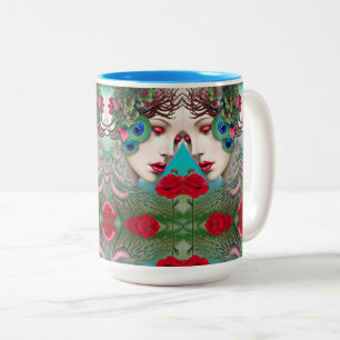Feminine Red Lips and Roses Peacock Abstract  Two-Tone Coffee Mug