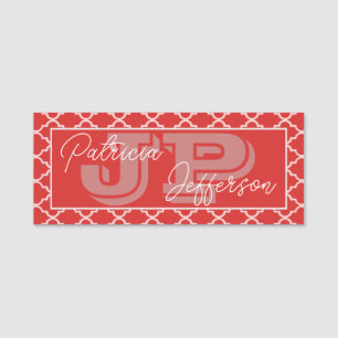 Feminine Red White Quatrefoil Monogram Name Tag