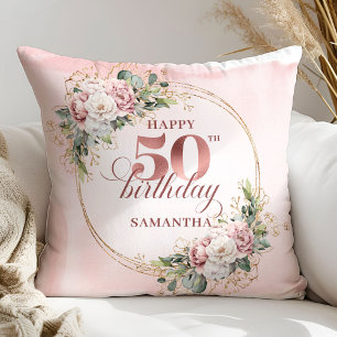 Feminine Rose Gold Blush Floral 50th Birthday Gift Throw Pillow