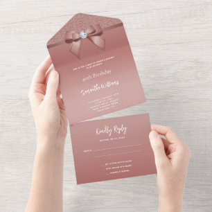 Feminine Rose Gold Gem Bow & Glitter Birthday All In One Invitation