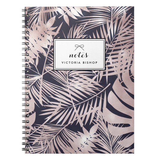 Feminine Rose Gold Tropical Leaves Pattern Notebook (Front)