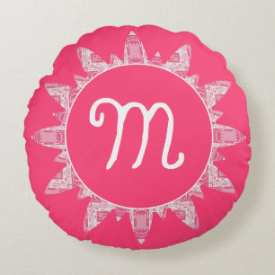 Feminine Rose Pink White Sunray Monogram  Round Pillow