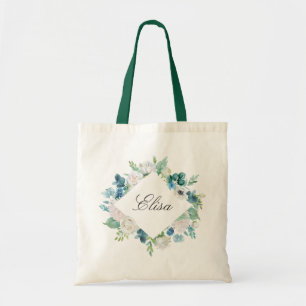 Feminine Sage Green Blue White Floral Border Tote Bag