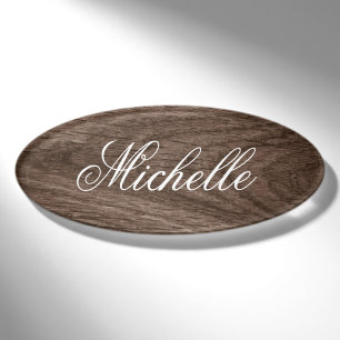 Feminine script elegant brown oak wood grain name tag