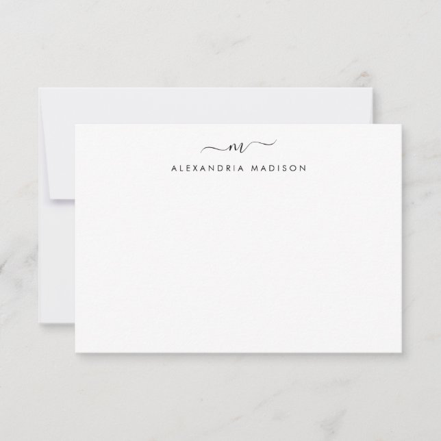 Feminine Script Monogram Modern Black Stationery Card (Front)