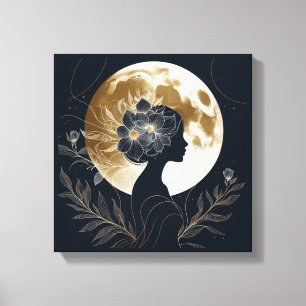 Feminine Silhouette with Golden Moon Elegance Canvas Print