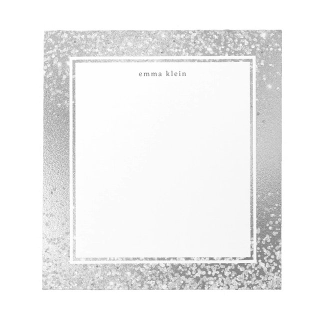 Feminine Silver Glitter Metallic Graphic Name Notepad (Front)
