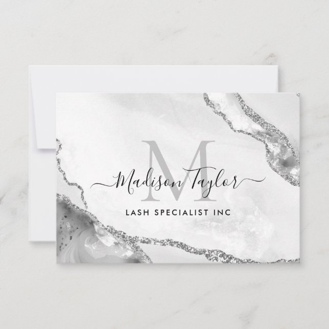 Feminine Silver Grey Glitter Marble Agate Monogram Invitation (Front)