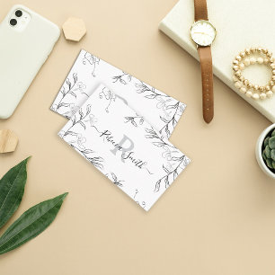 Feminine Sketch Grey Floral QR Code  Business Card