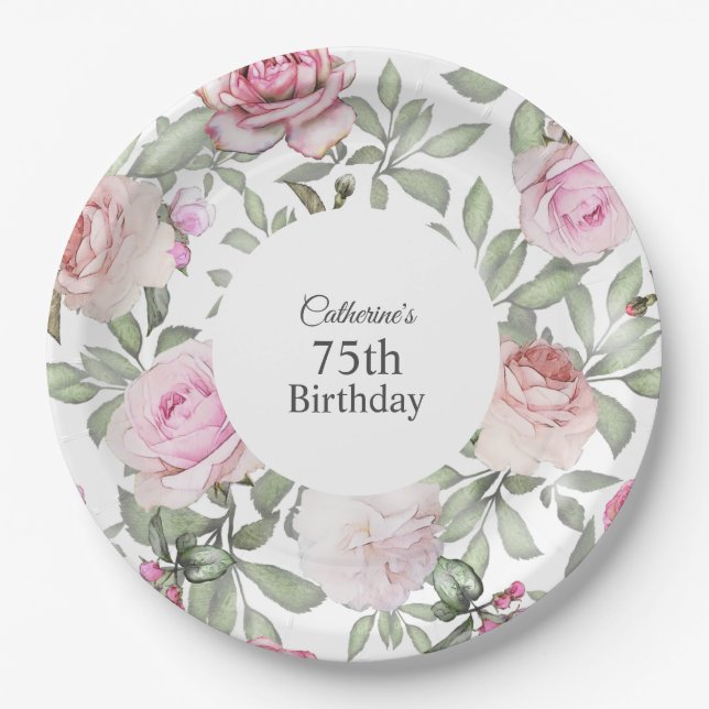 Feminine Summer Rose Garden Floral 75th Birthday Paper Plate (Front)