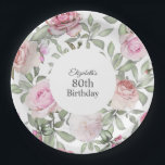 Feminine Summer Rose Garden Floral 80th Birthday Paper Plate<br><div class="desc">A pattern of beautiful watercolor pastel pink roses and mixed flowers and greenery cover this party plate in feminine style. Personalize with the guest of honour's name and age on these lovely garden inspired paper plates. You can personalize the age with any number. The plates are available in 2 sizes:...</div>