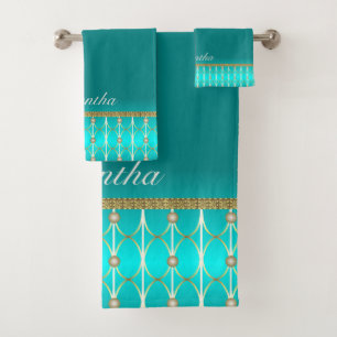 Feminine Teal Blue And Gold patterned Bath Towel Set
