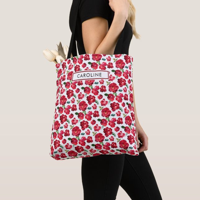 Feminine Vibrant Red Roses Pattern Custom Name Tote Bag (Close Up)