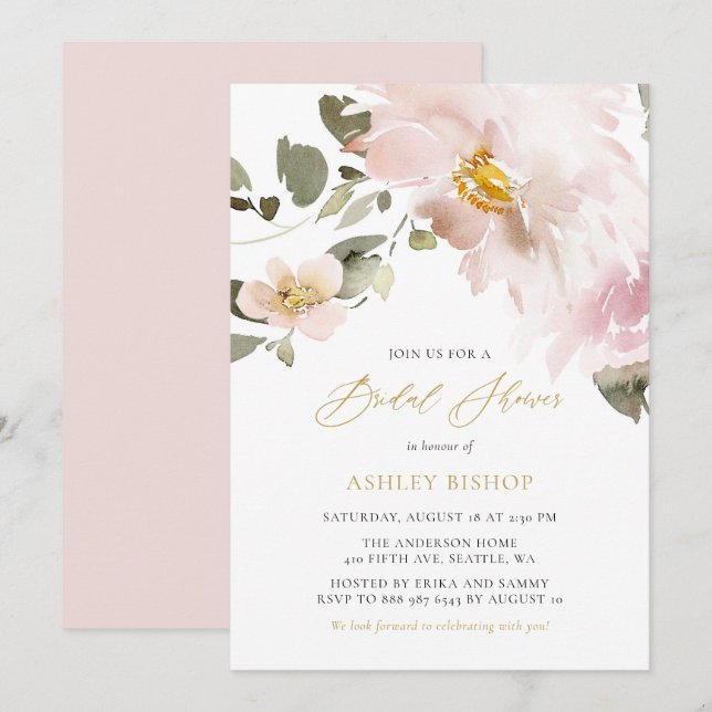 Feminine Watercolor Blush Flowers Bridal Shower Invitation (Front/Back)