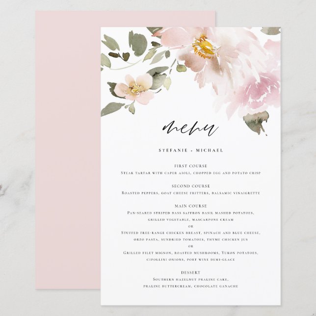 Feminine Watercolor Blush Flowers Menu Card (Front/Back)