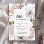 Feminine Watercolor Floral 80th Birthday Party Invitation<br><div class="desc">An elegant floral 80th birthday party invitation, this design features a clean white background with lovely winter ice pink roses framing the text. All of the text can be personalized with your custom party text, including the age. You can also use this invitation template for other ages by personalizing the...</div>