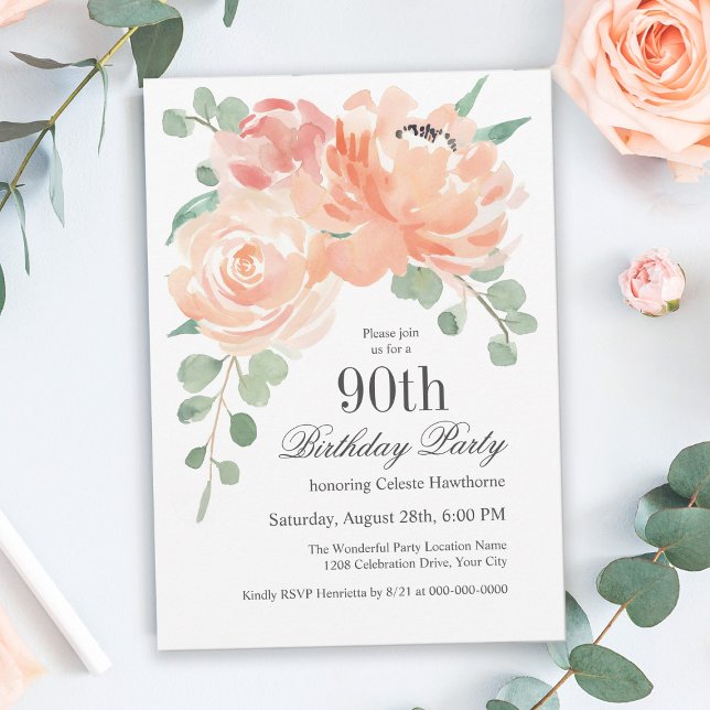 Feminine Watercolor Floral 90th Birthday Party Invitation (Creator Uploaded)