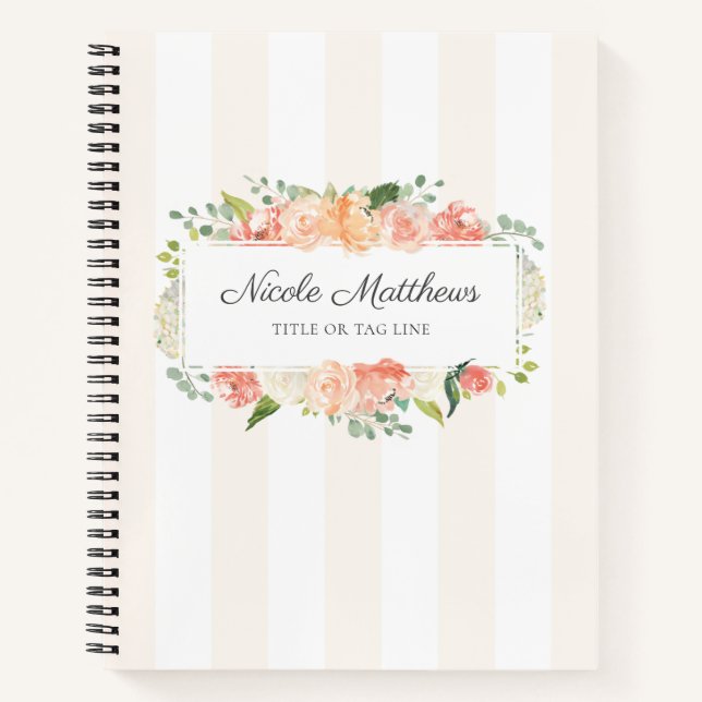Feminine Watercolor Floral and Stripes Notebook (Front)