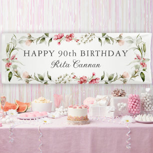 Feminine Watercolor Floral Happy 90th Birthday Banner