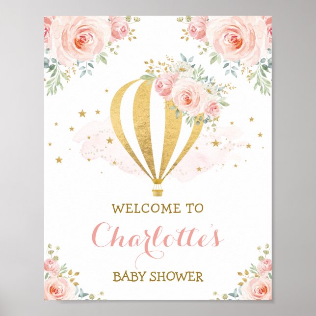 Feminine Watercolor Floral Hot Air Balloon Party Poster (Front)