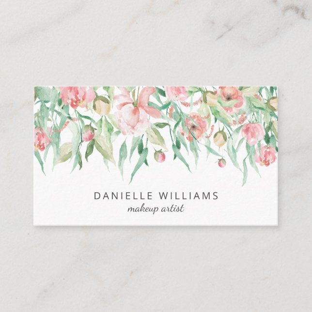 Feminine Watercolor Floral Makeup Artist Business Card (Front)
