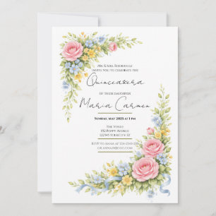 Feminine watercolor Floral Quinceanera Birthday  Invitation