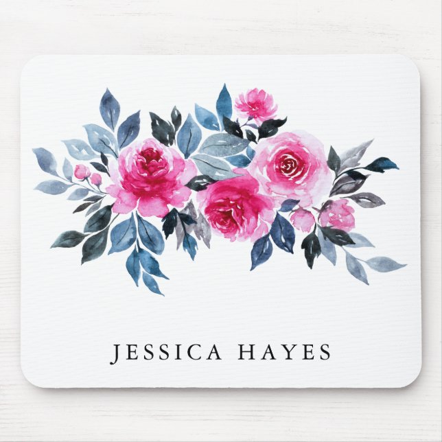 Feminine Watercolor Floral With Your Name Mouse Pad (Front)