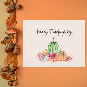 Feminine Watercolor Pumpkins and Flowers  Holiday Card