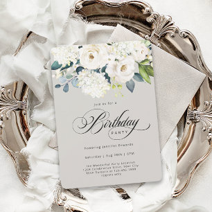 Feminine White Floral Birthday Party Invitation