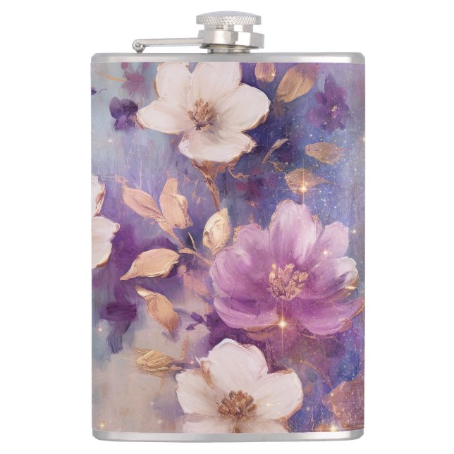 Feminine White Glam Gold Purple Floral Hip Flask (Front)