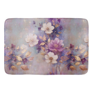 Feminine White Gold Purple Flowers Bath Mat