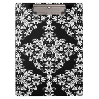 Feminine White on Black Damask Clipboard