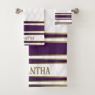 Feminine White Purple And Gold Stripes Name Bath Towel Set