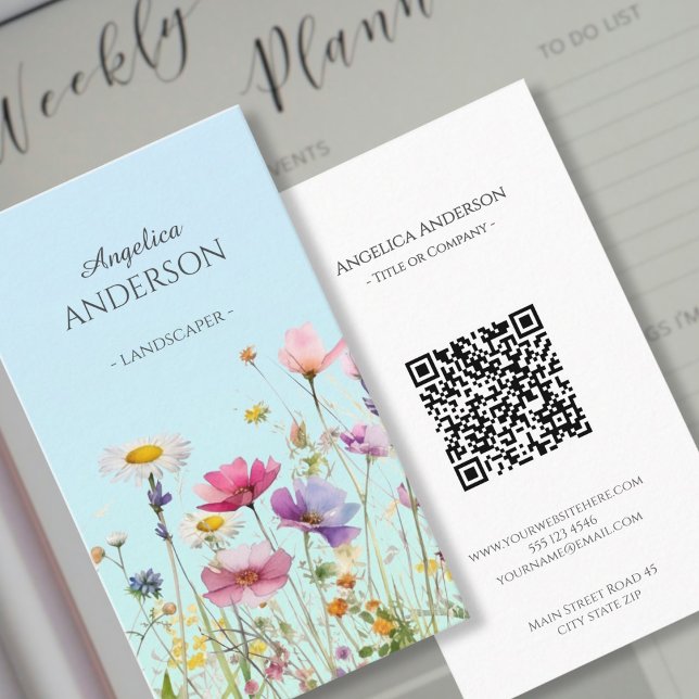 Feminine  Wildflower QR Vertical Business Card (Creator Uploaded)