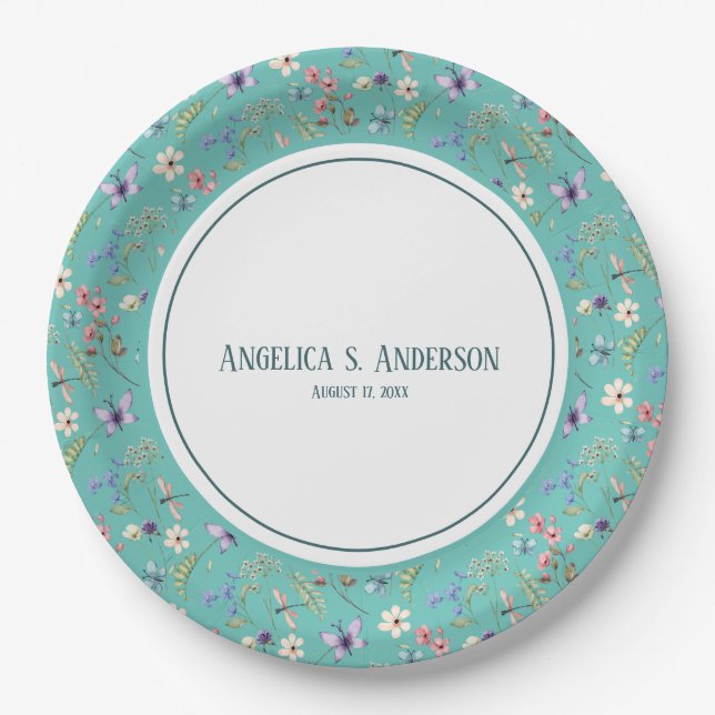 Feminine wildflower Teal pattern Personal text  Paper Plate (Front)