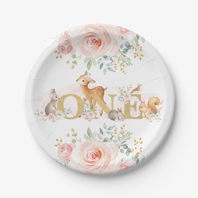 Feminine Woodland 1st Birthday / Pink Gold Floral Paper Plate (Front)