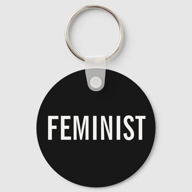 Feminist, bold white text on black keychain (Front)