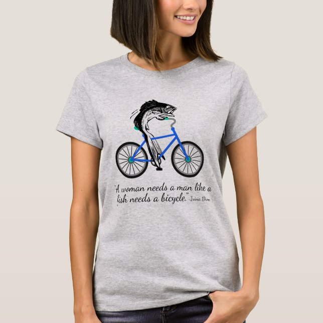 Feminist Fish Riding a Bicycle (with quote) T-Shirt (Front)