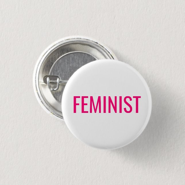 Feminist hot pink fuchsia magenta white modern 1 inch round button (Front & Back)