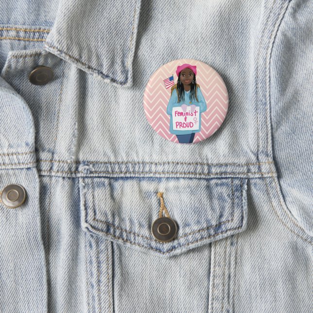 Feminist + Proud 2 Inch Round Button (In Situ)