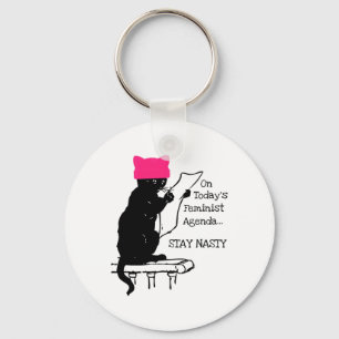 Feminist Resist Cat Pink Hat Stay Nasty Keychain
